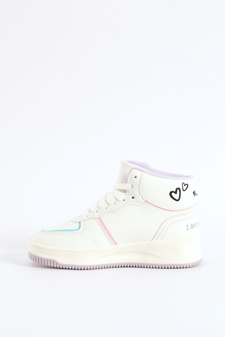 Girls Slogan Hitop Sneaker - White