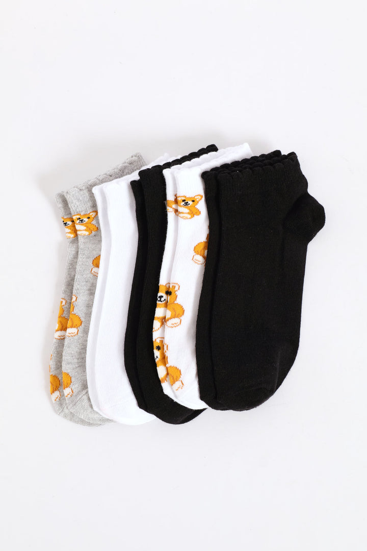 5 Pack Teddies Low Cut Socks - White/Grey