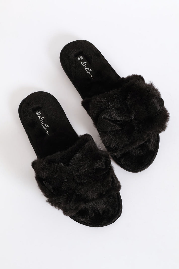 Bow Detail Open Toe Slipper - Black
