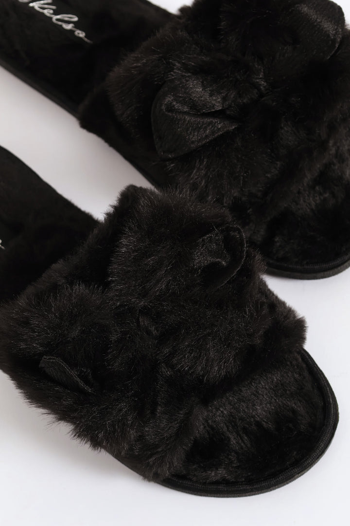 Bow Detail Open Toe Slipper - Black