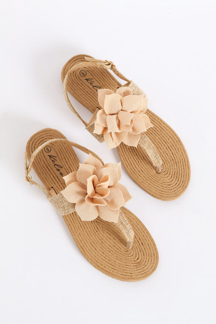 Floral Detail Slingback Thong Sandal - Gold