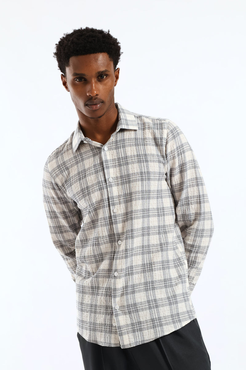 Check Crinkle Slim Long Sleeve Shirt - Stone