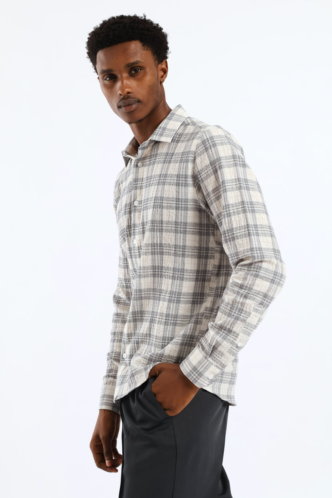 Check Crinkle Slim Long Sleeve Shirt - Stone