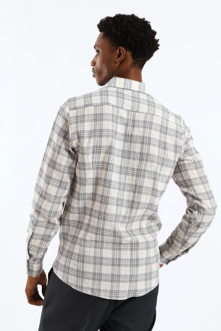 Check Crinkle Slim Long Sleeve Shirt - Stone