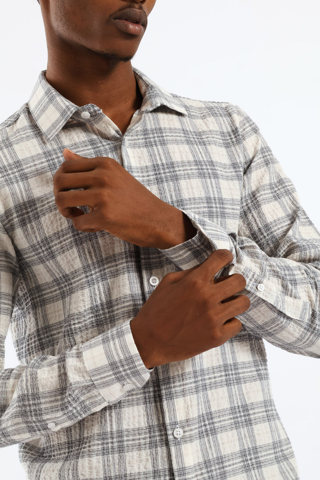 Check Crinkle Slim Long Sleeve Shirt - Stone