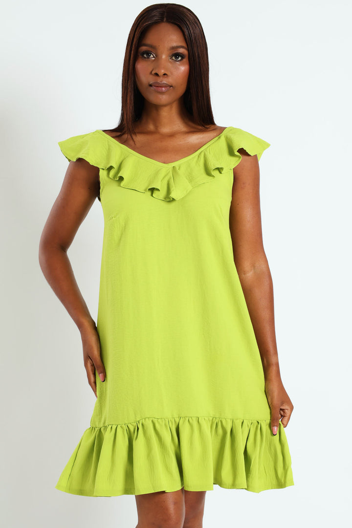 V-Neck Frill Hem Mini Dress - Lime