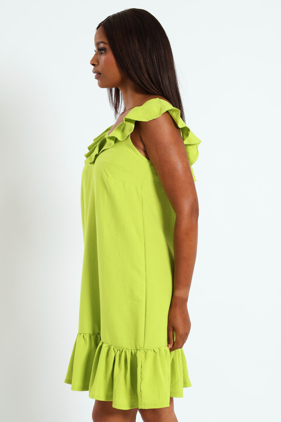 V-Neck Frill Hem Mini Dress - Lime