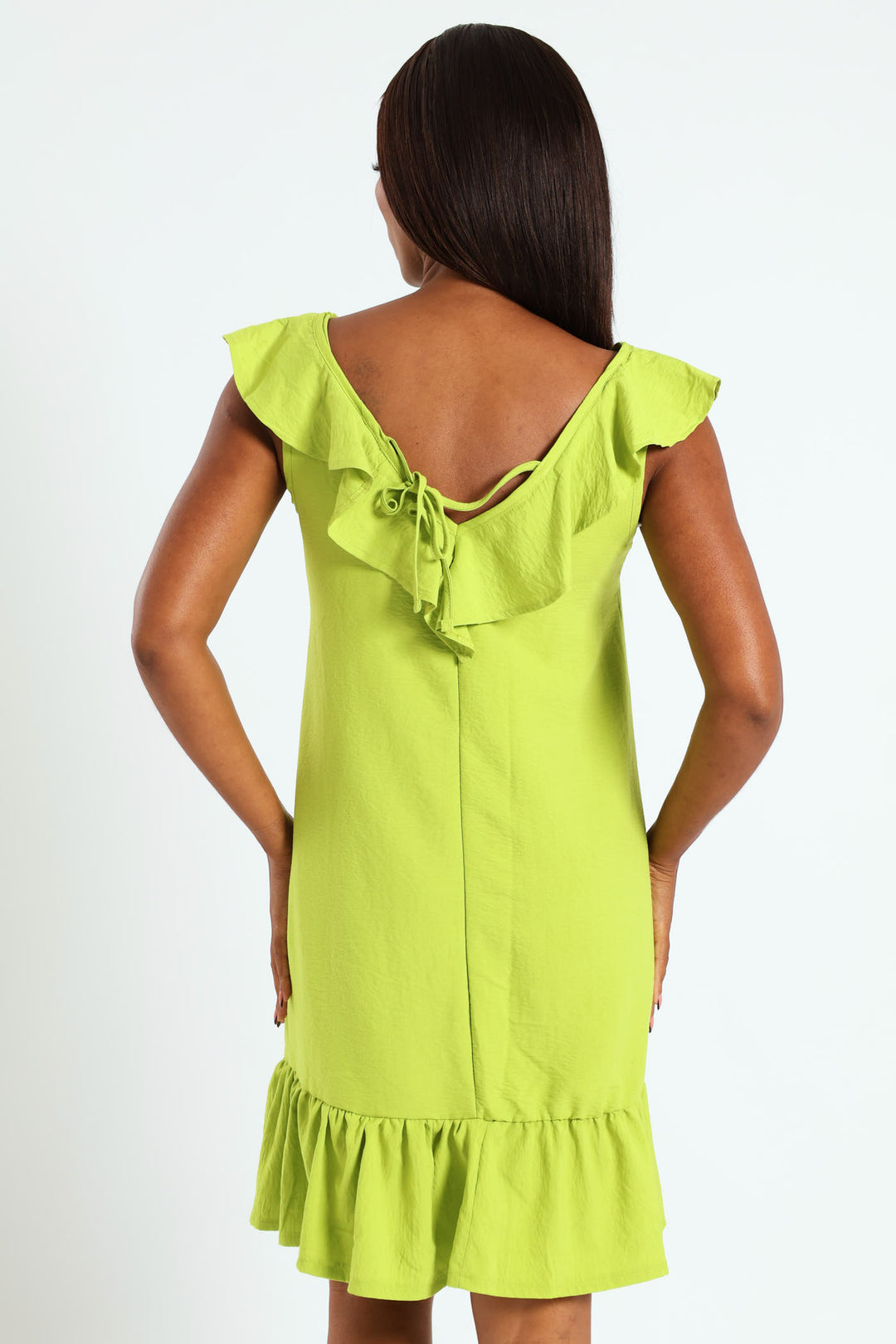 V-Neck Frill Hem Mini Dress - Lime