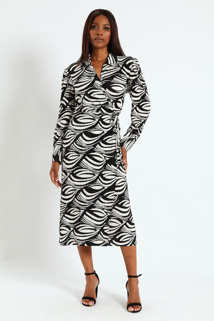 Collared Mock Wrap Plisse Midi Dress - Cream