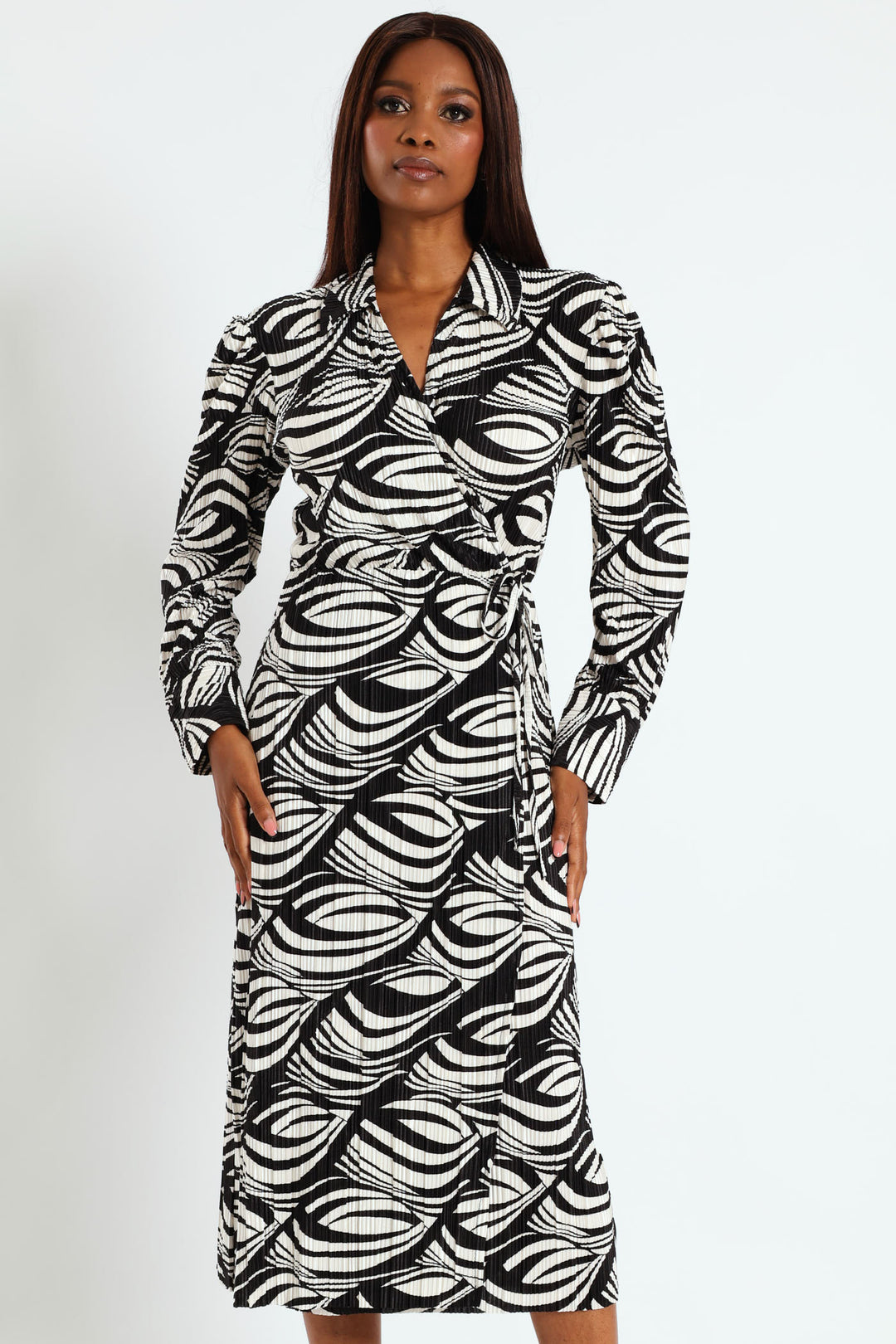 Collared Mock Wrap Plisse Midi Dress - Cream