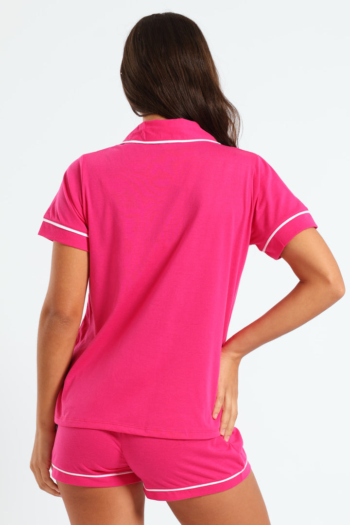 Button Through Knit Short Set - Cerise