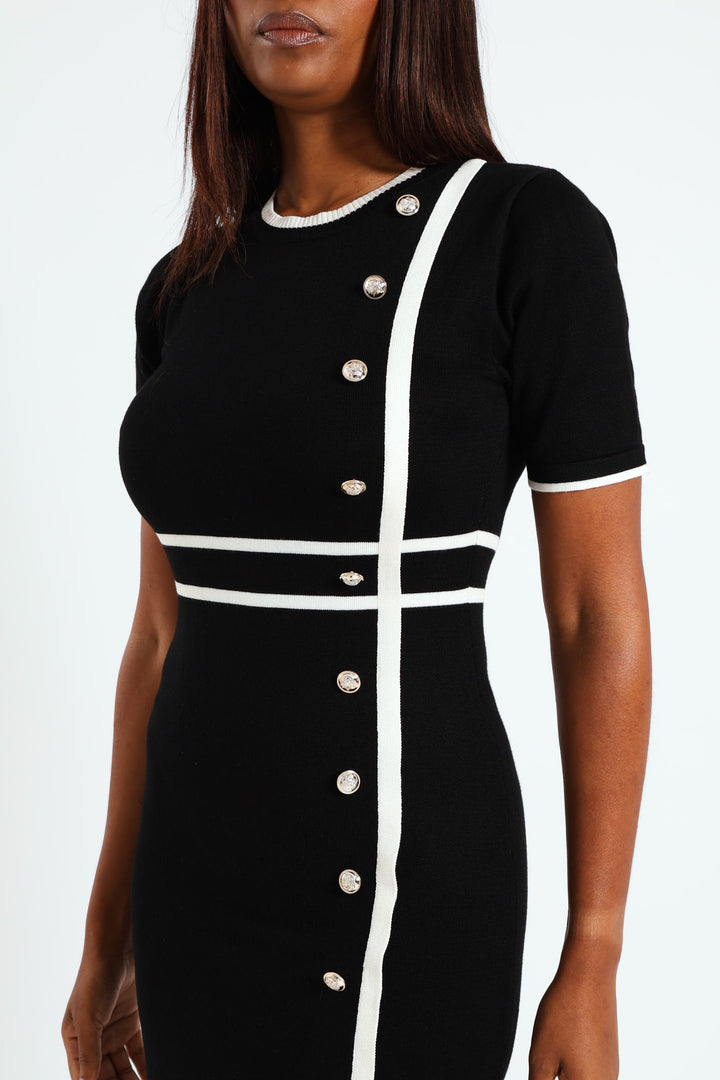 Side Button Through Constrast Dress - Black/Cream