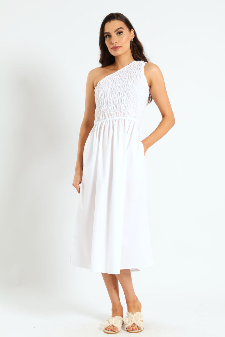 One Shoulder Shirred Bodice Midaxi Dress - Bright White