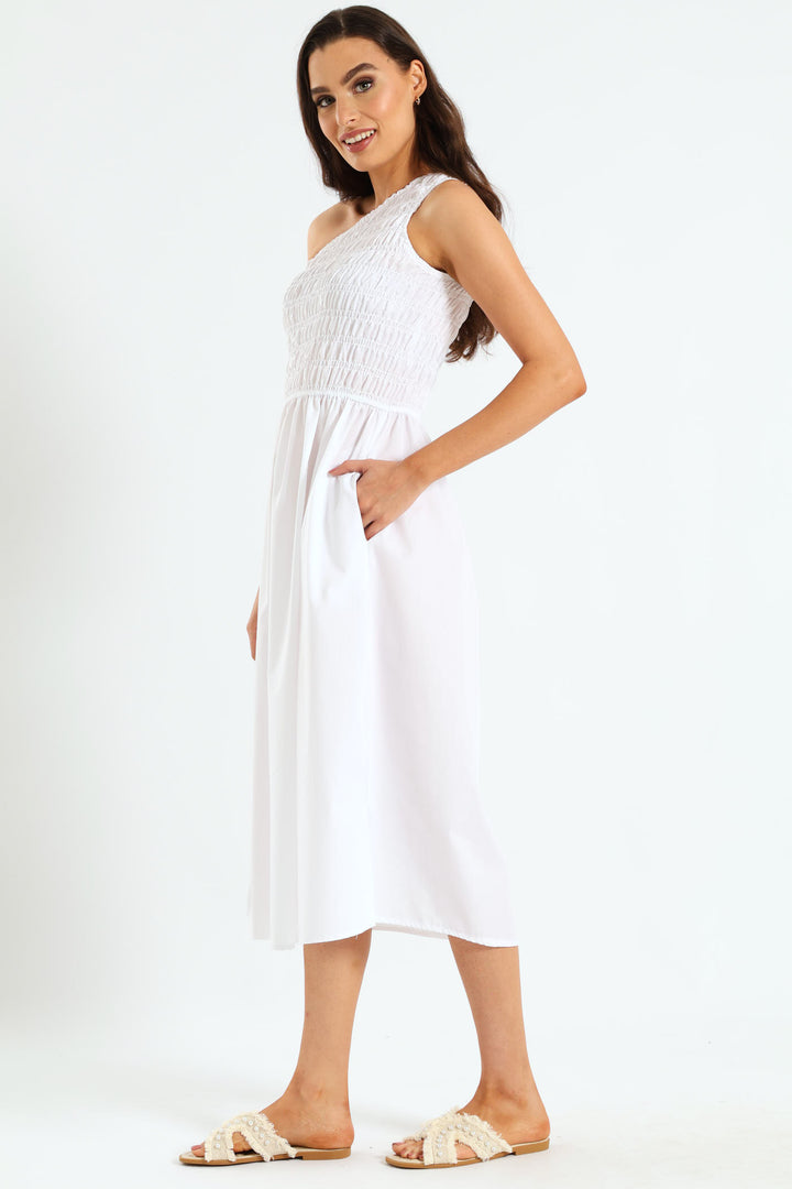 One Shoulder Shirred Bodice Midaxi Dress - Bright White