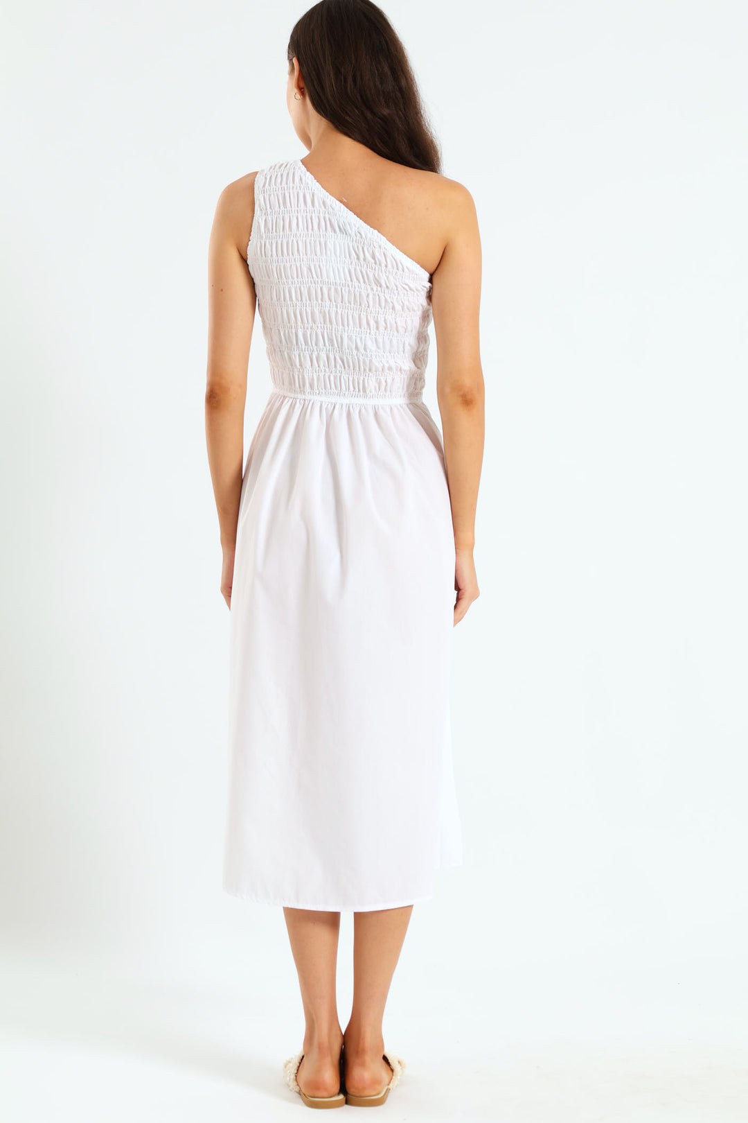 One Shoulder Shirred Bodice Midaxi Dress - Bright White