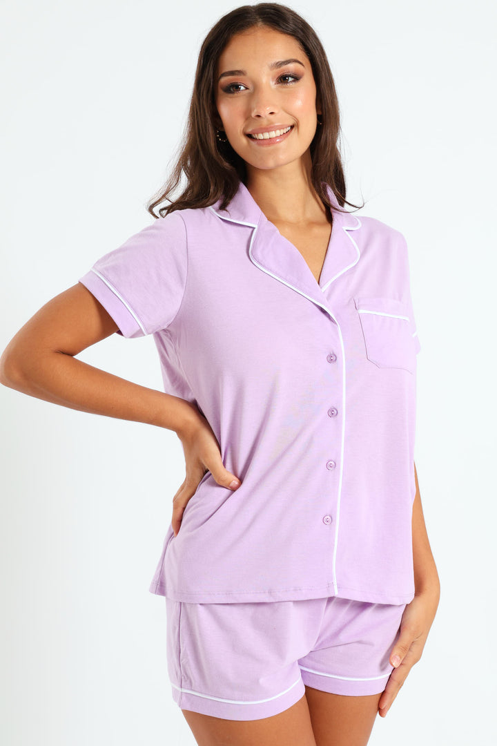 Button Through Knit Short Set - Purple