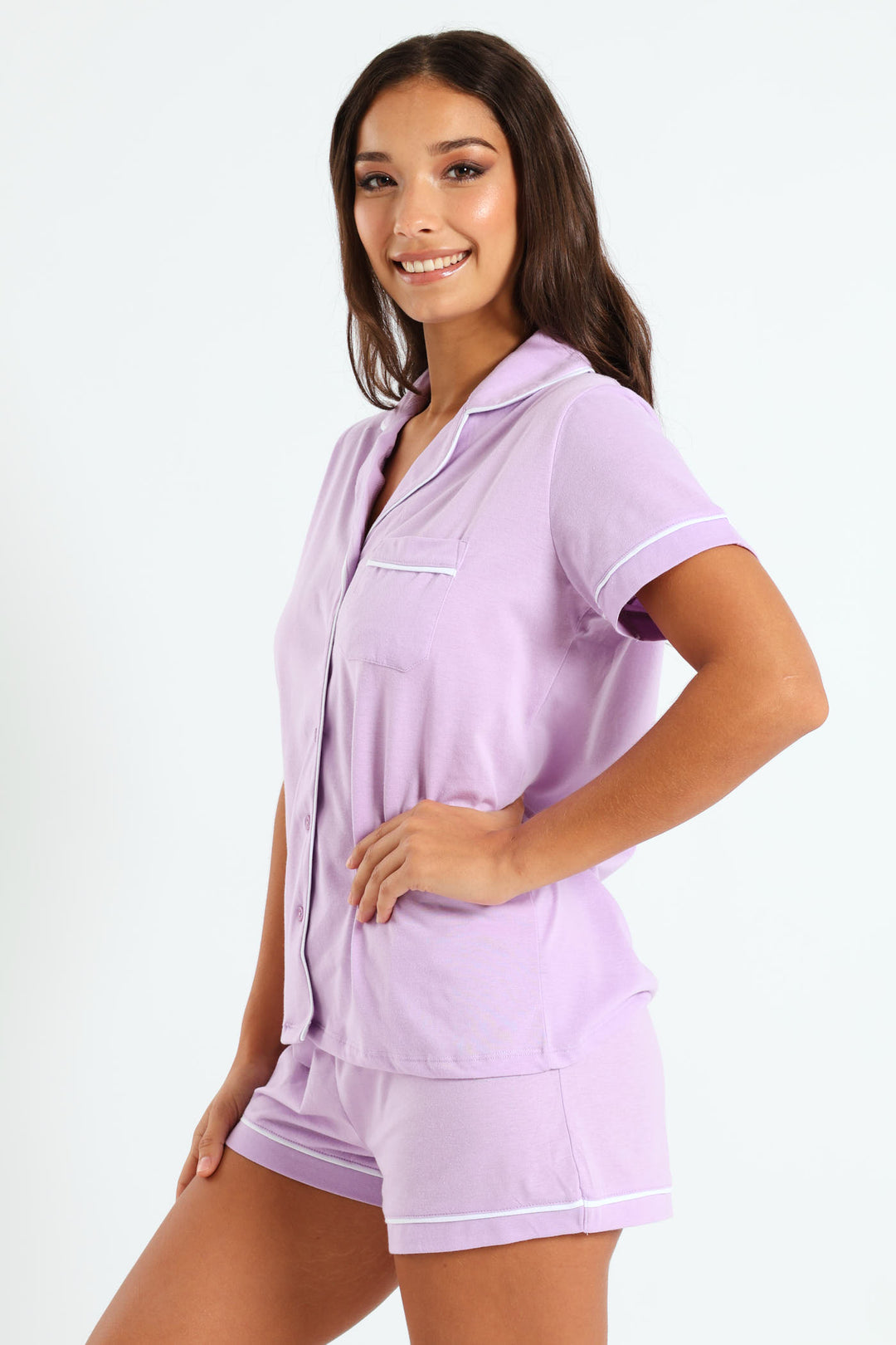 Button Through Knit Short Set - Purple