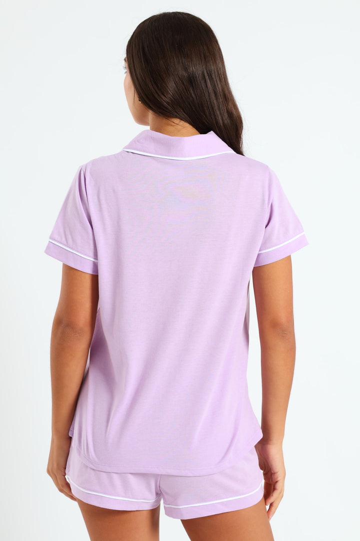 Button Through Knit Short Set - Purple