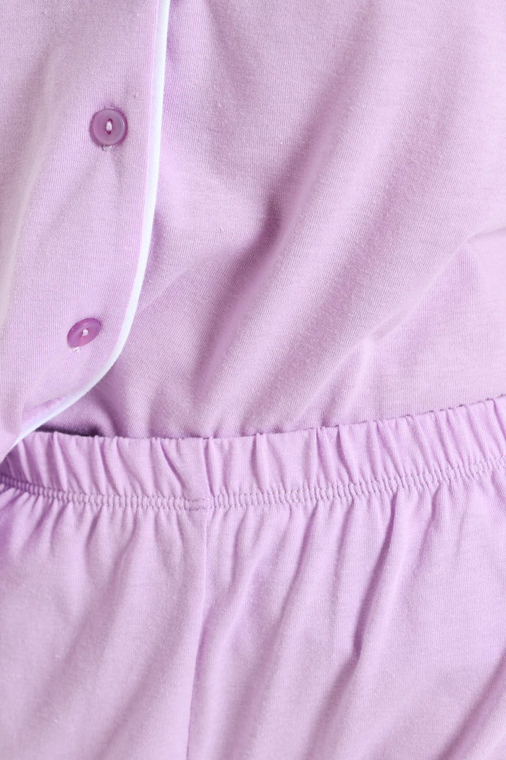 Button Through Knit Short Set - Purple