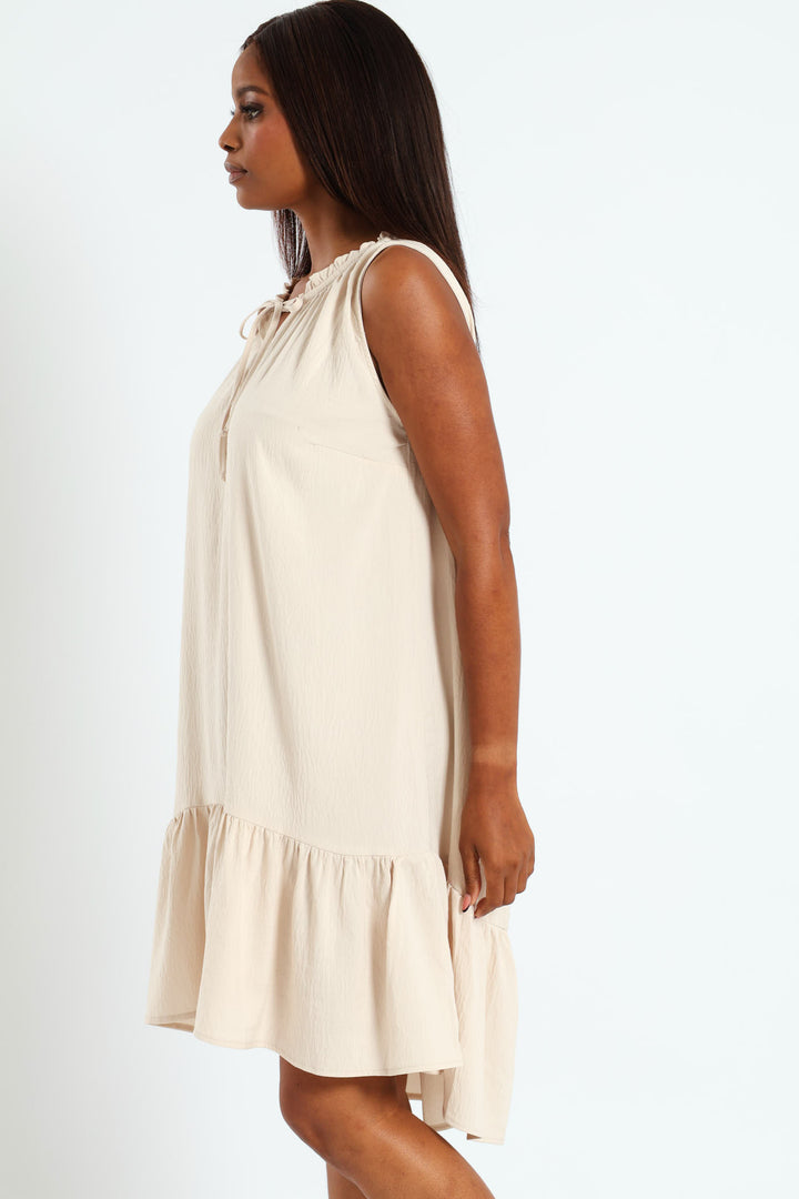 Frill Neck Drop Hem Dress - Light Stone