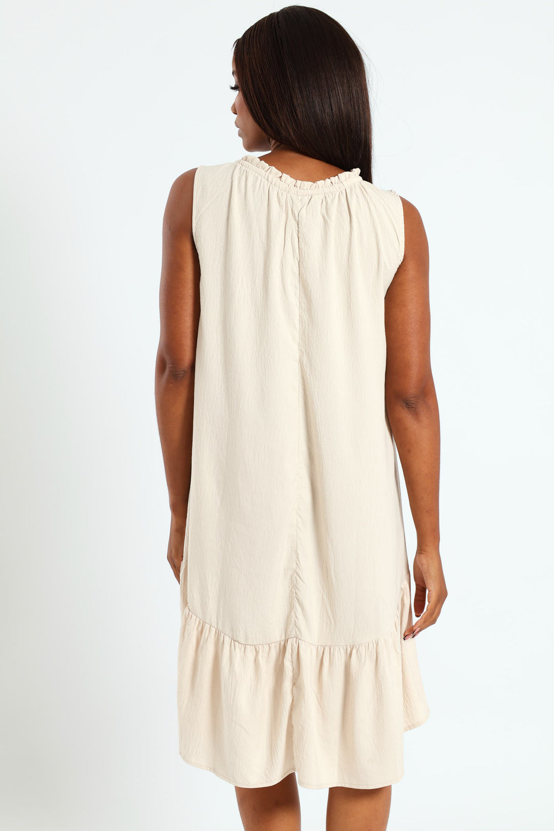 Frill Neck Drop Hem Dress - Light Stone