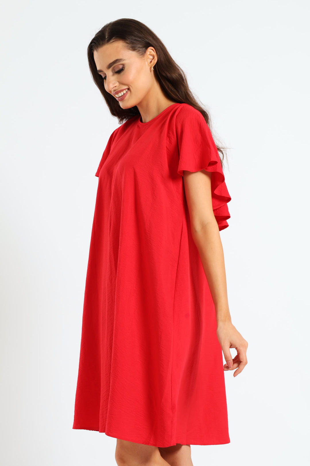 Tie-Back Frill Cape Swing Dress - Mid Red