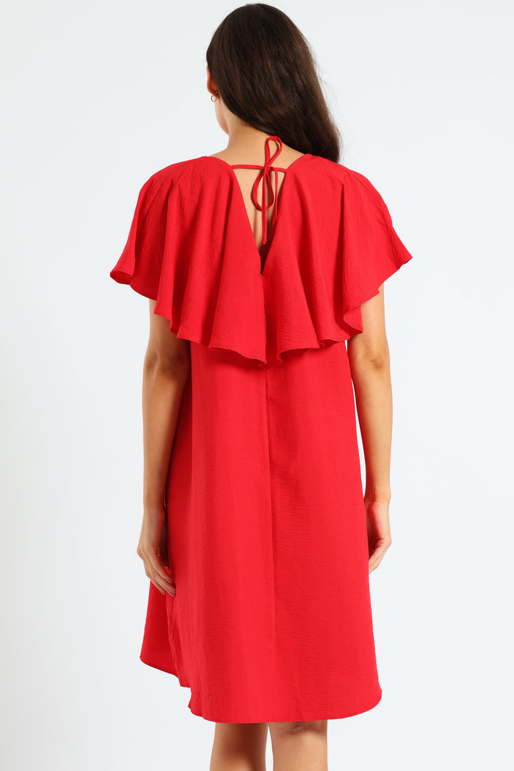 Tie-Back Frill Cape Swing Dress - Mid Red