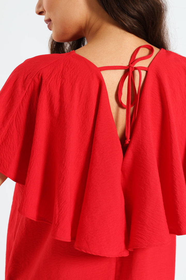 Tie-Back Frill Cape Swing Dress - Mid Red