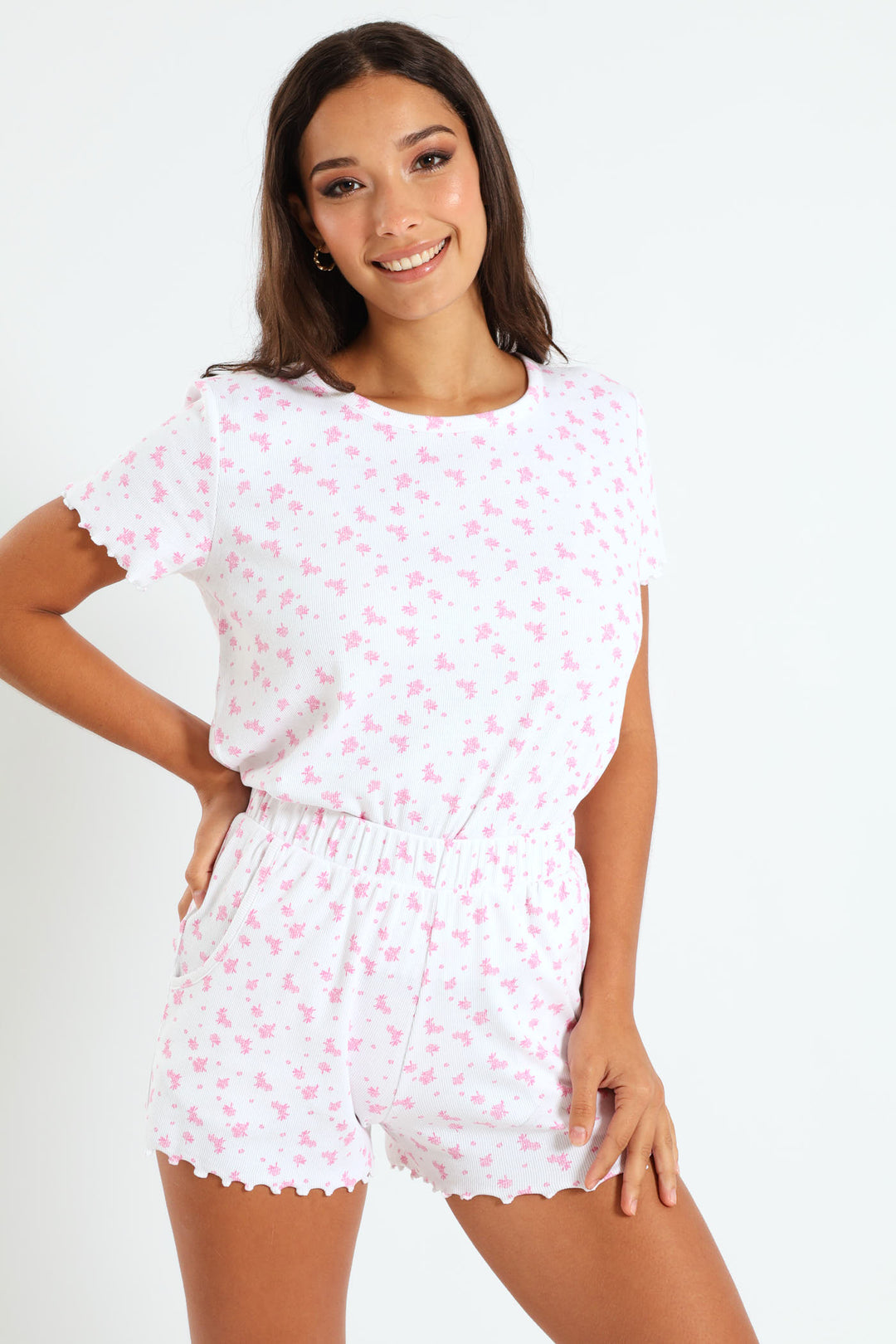 Picot Floral Rib Knit Short - Pink