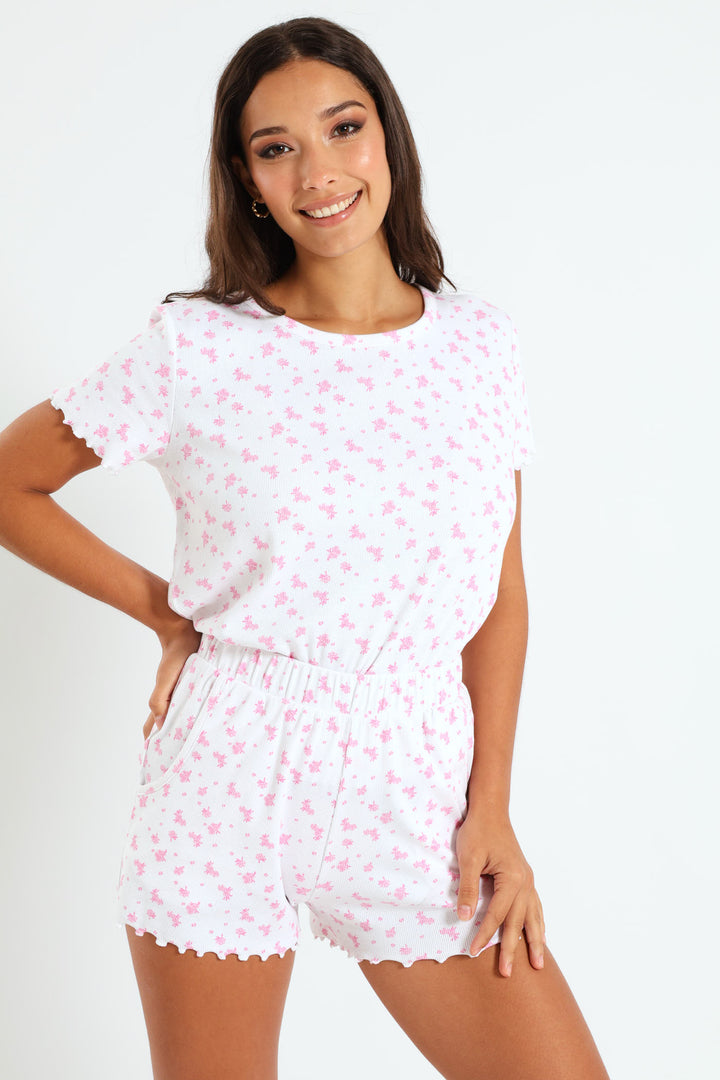 Picot Floral Rib Knit Short - Pink