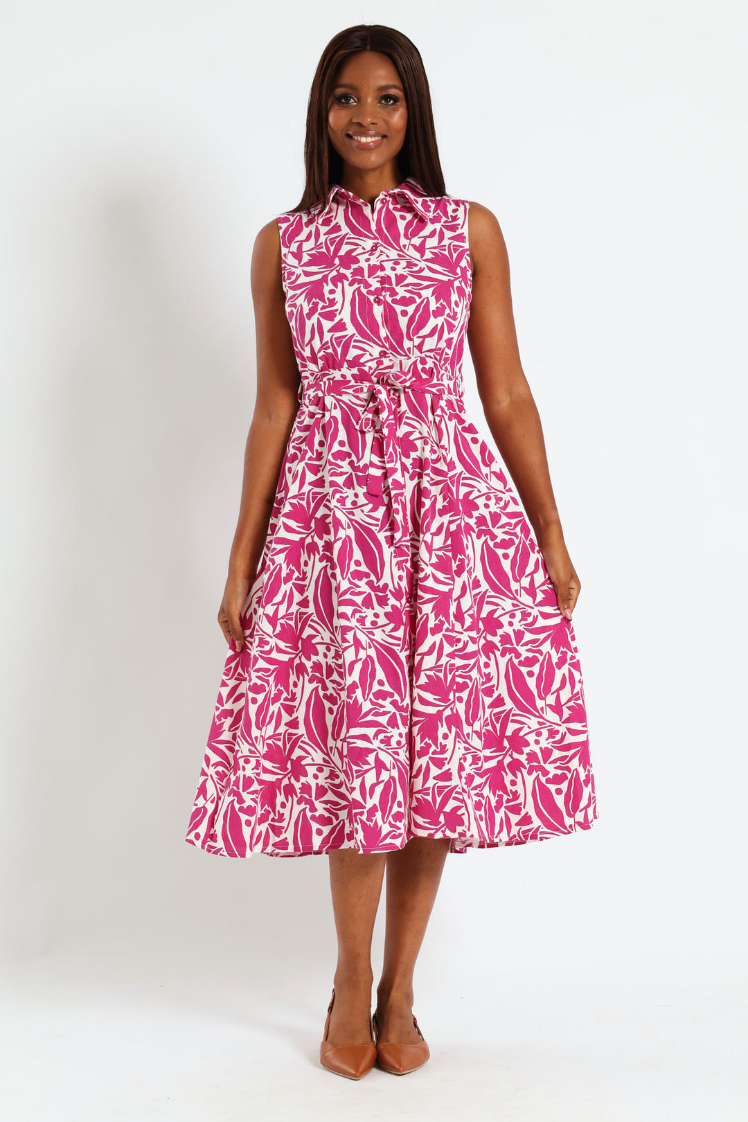 Ladies Fit & Flare Belted Midi Shirt Dress