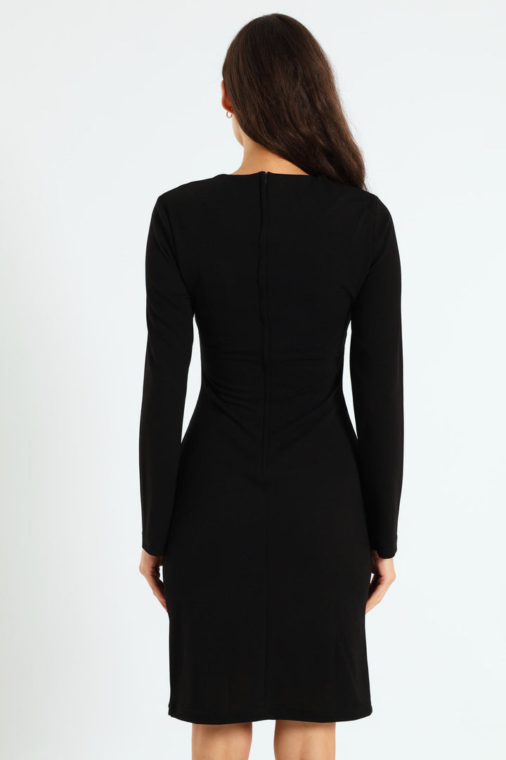 Mock Wrap Buckle Bodycon Dress - Black