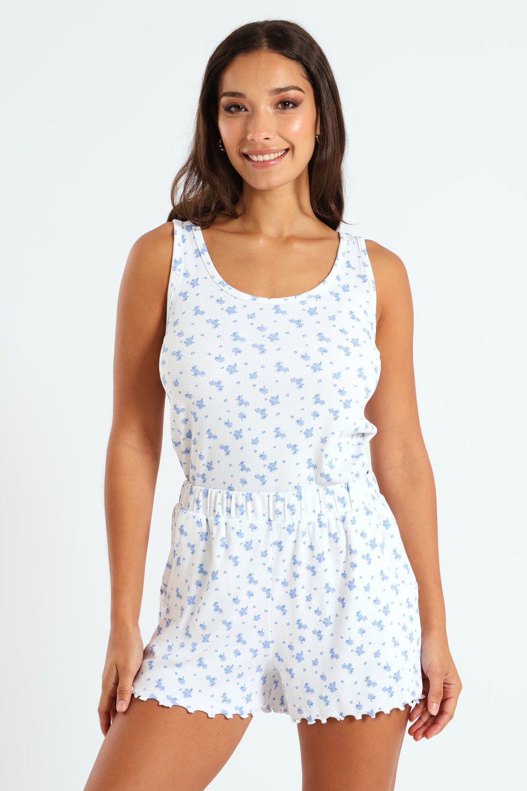Picot Floral Rib Knit Short - Blue