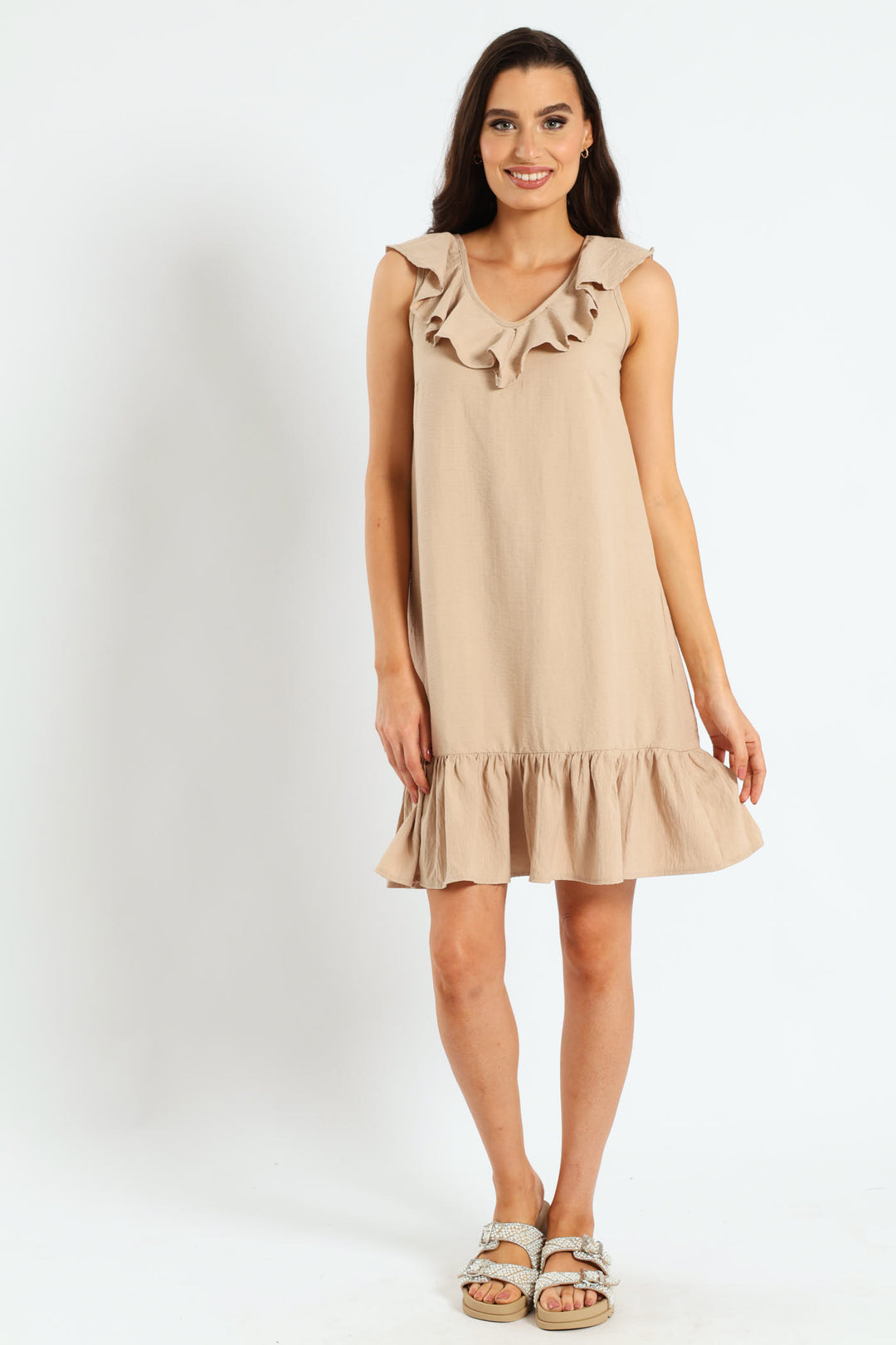V-Neck Frill Hem Mini Dress - Stone