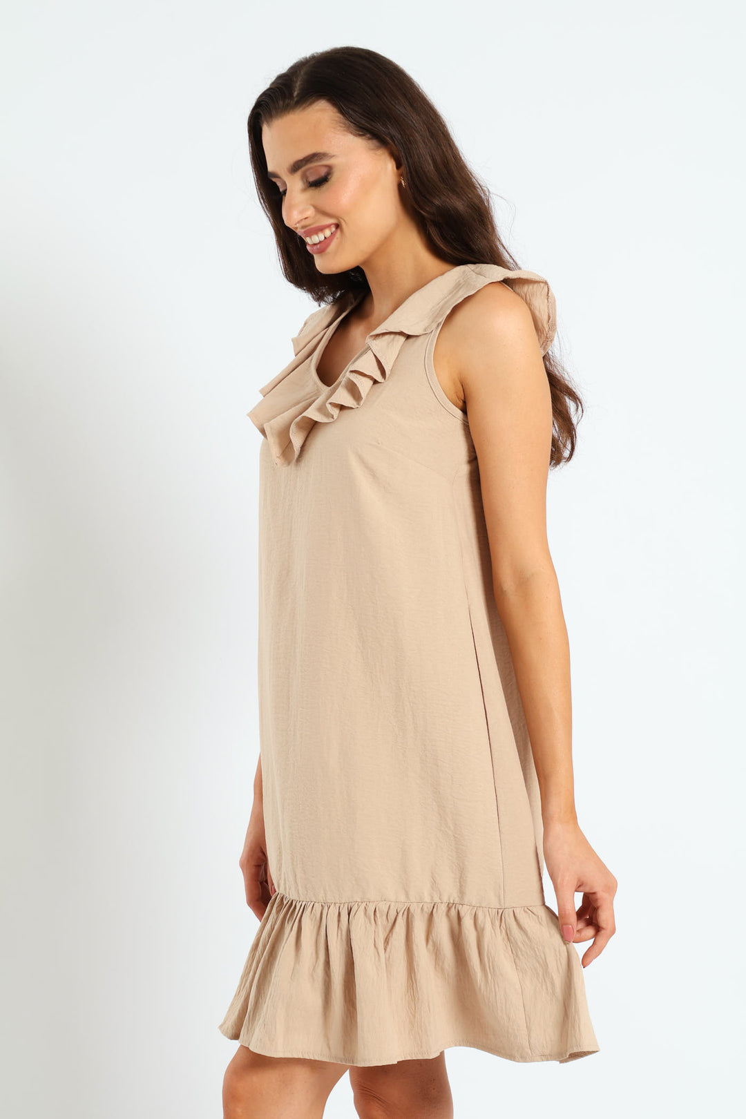 V-Neck Frill Hem Mini Dress - Stone