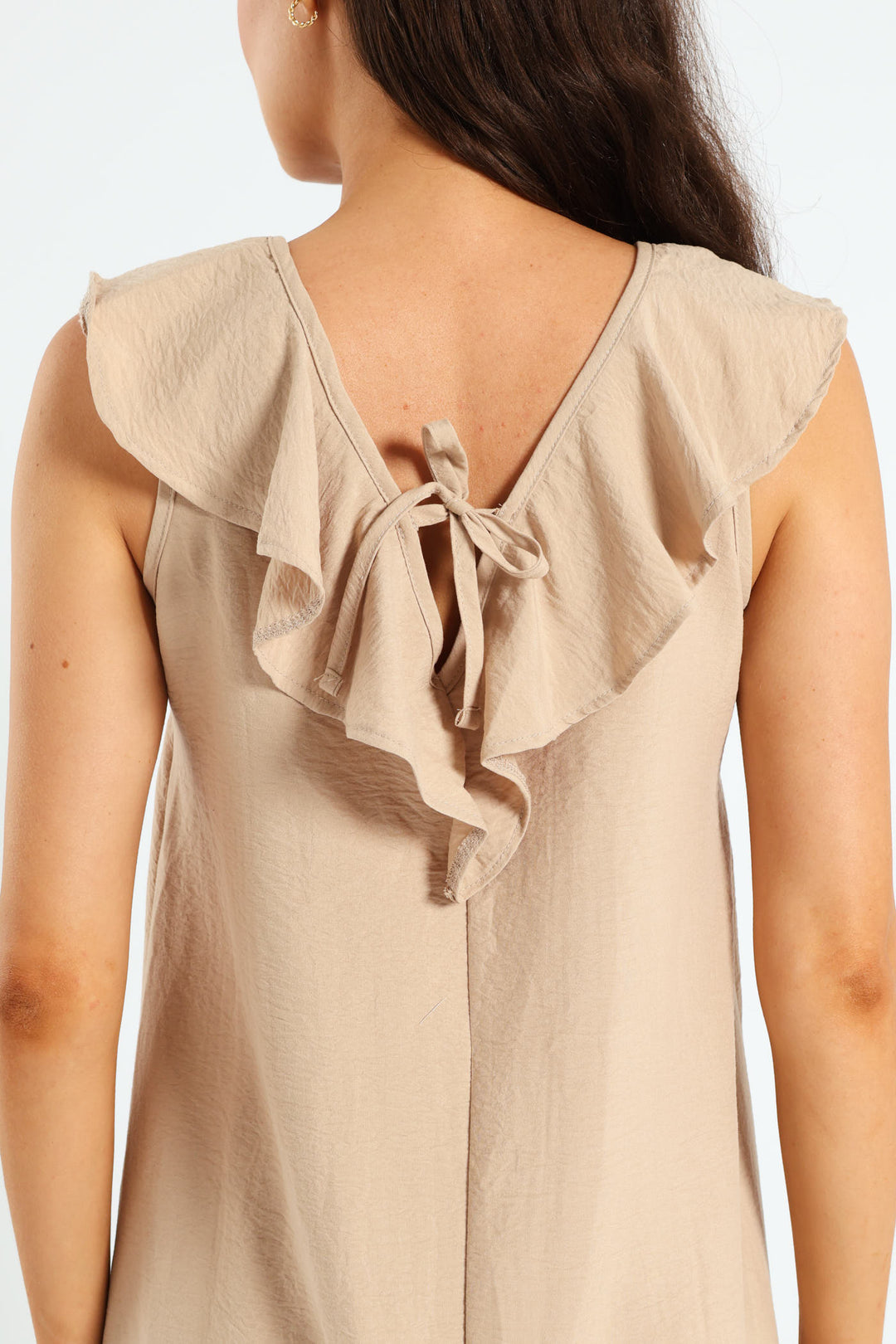 V-Neck Frill Hem Mini Dress - Stone