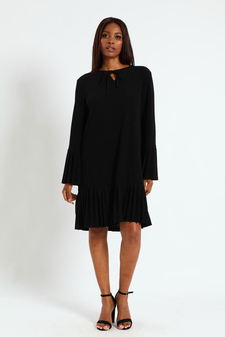 Tie Front Pleated Frill Hem Shimmer Dress - Black