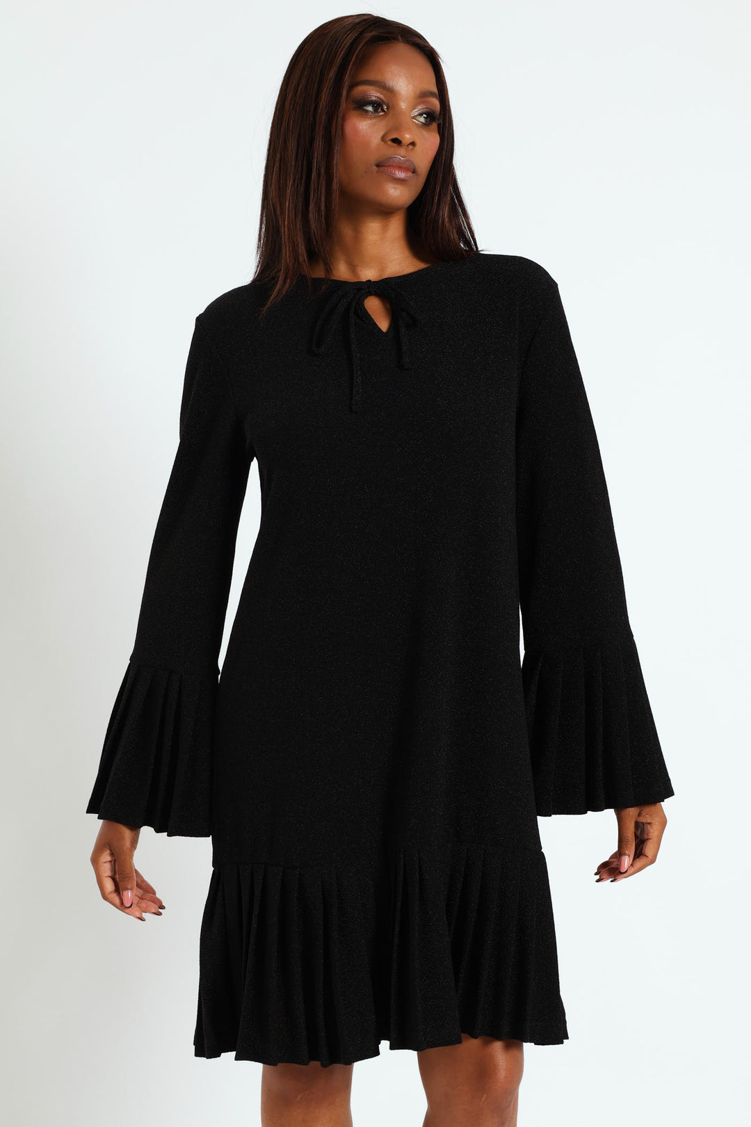 Tie Front Pleated Frill Hem Shimmer Dress - Black