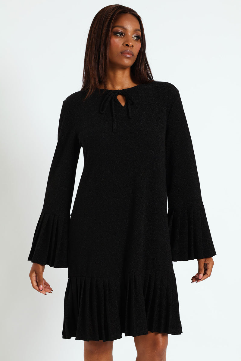 Tie Front Pleated Frill Hem Shimmer Dress - Black