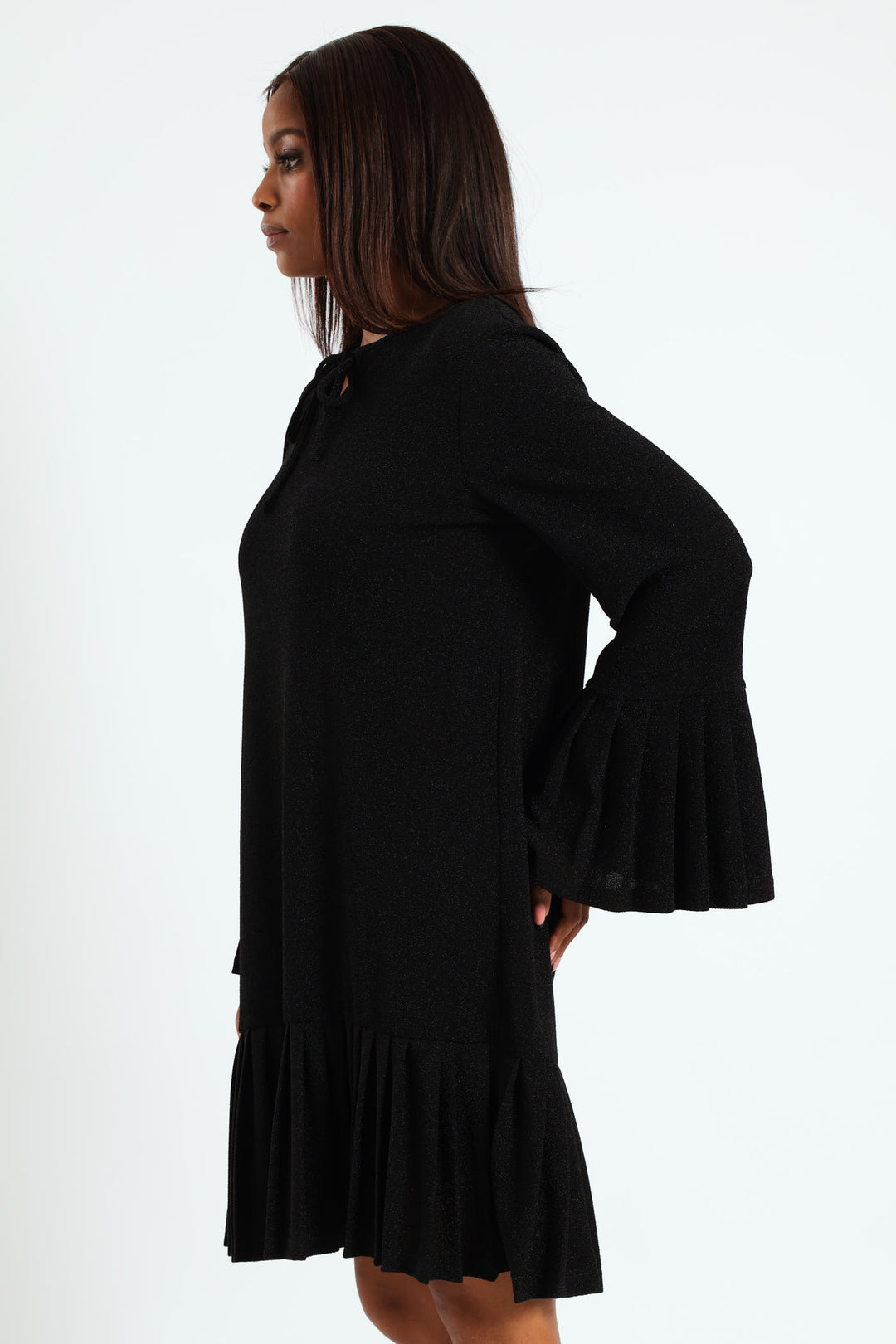 Tie Front Pleated Frill Hem Shimmer Dress - Black