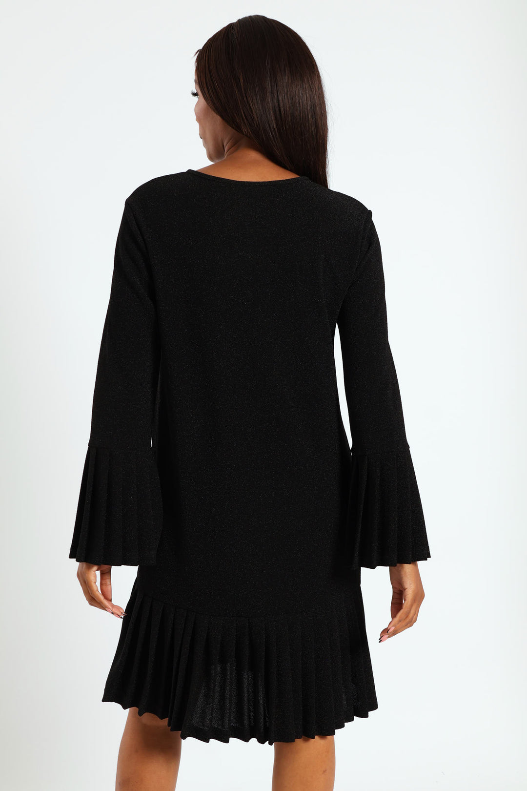 Tie Front Pleated Frill Hem Shimmer Dress - Black