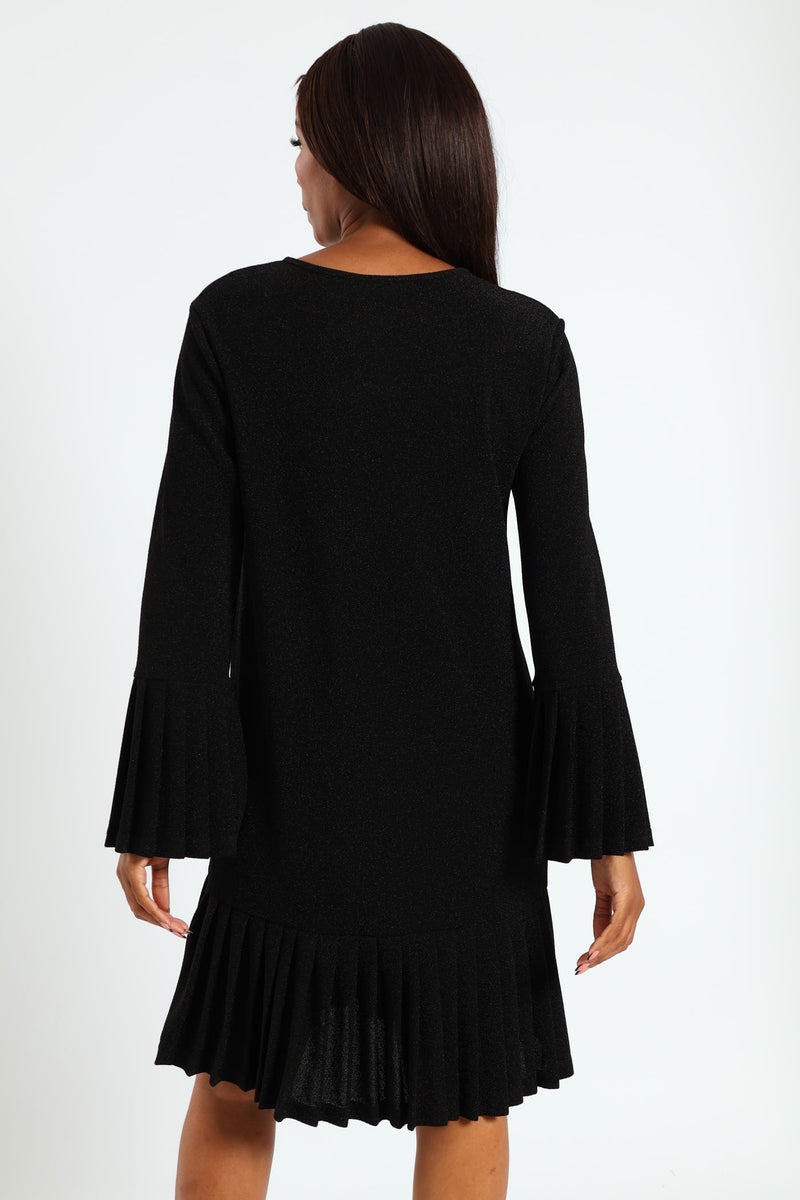 Tie Front Pleated Frill Hem Shimmer Dress - Black