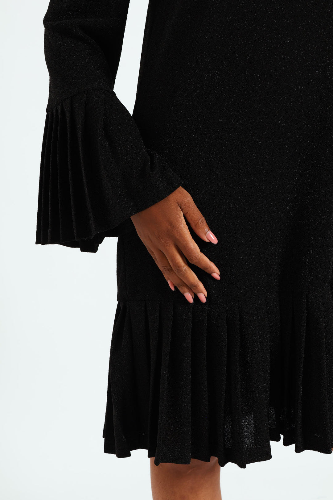 Tie Front Pleated Frill Hem Shimmer Dress - Black