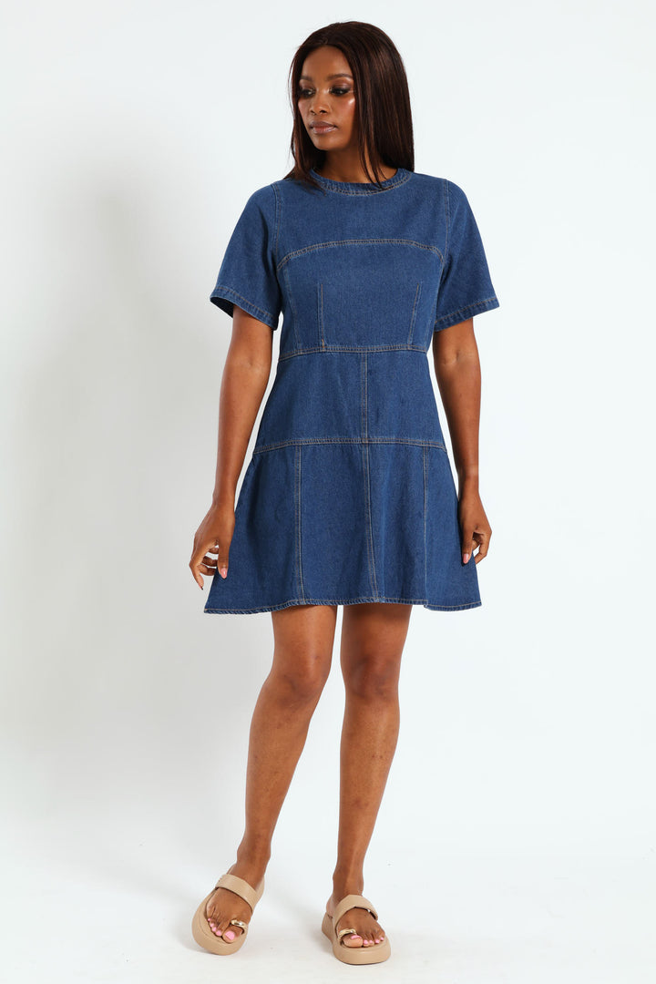 Panelled Fit & Flare Denim Dress - Med Wash