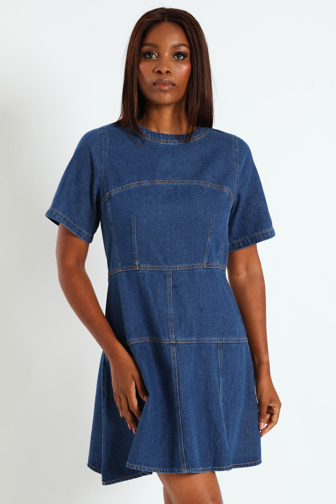 Panelled Fit & Flare Denim Dress - Med Wash