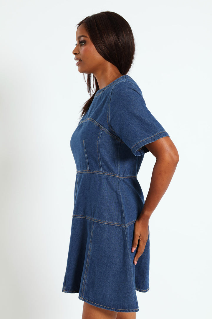 Panelled Fit & Flare Denim Dress - Med Wash