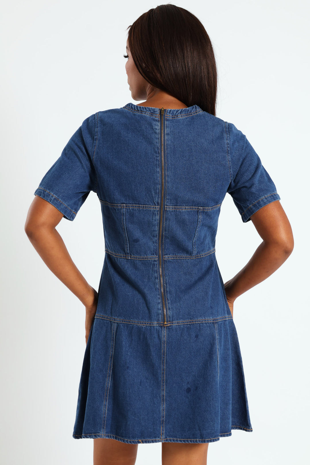 Panelled Fit & Flare Denim Dress - Med Wash