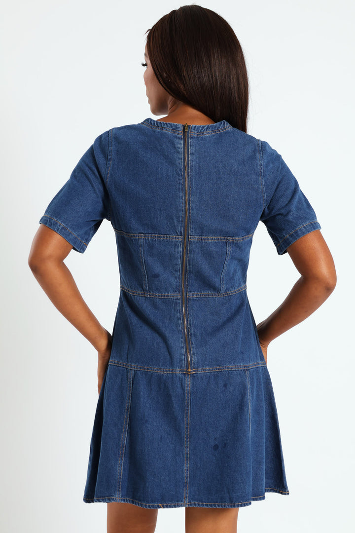 Panelled Fit & Flare Denim Dress - Med Wash