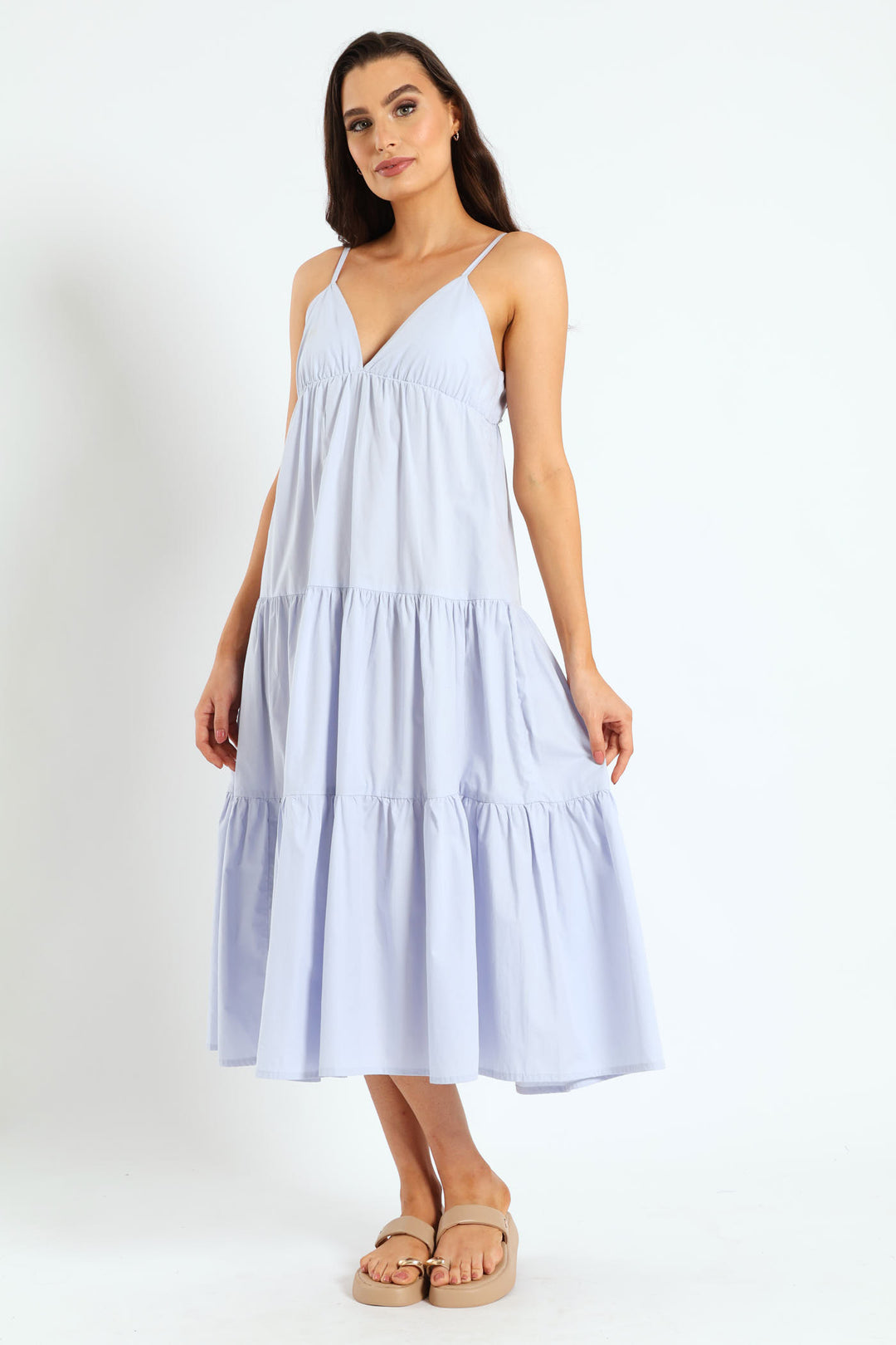 Strappy Tie-Back Tiered Maxi Slip Dress - Light Blue