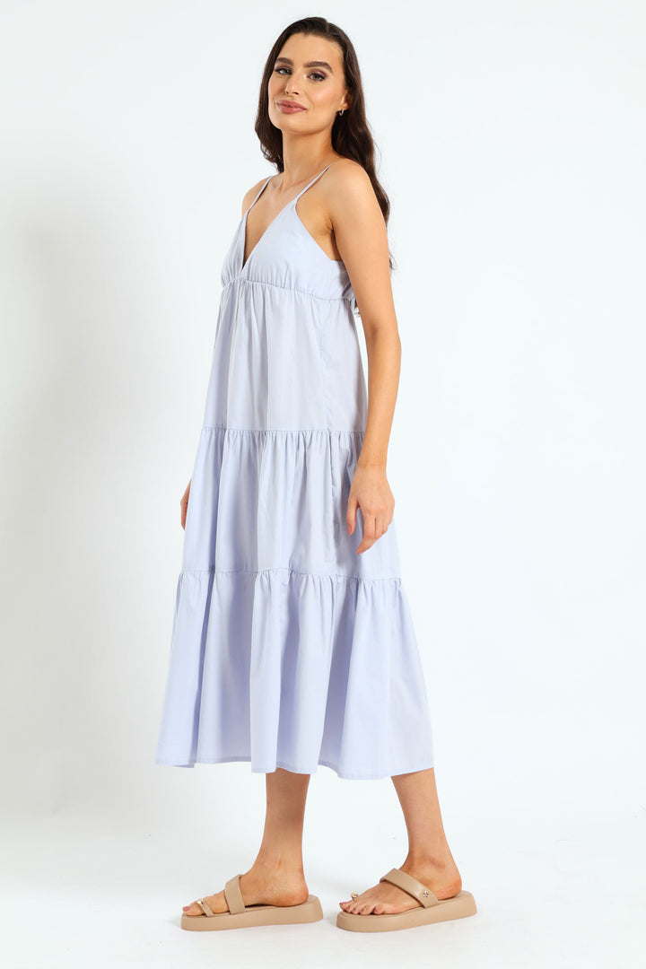Strappy Tie-Back Tiered Maxi Slip Dress - Light Blue